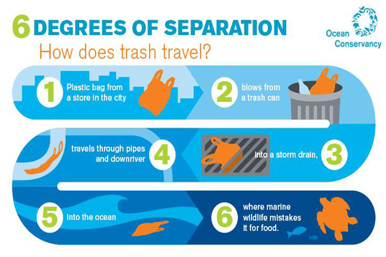 Du trottoir aux égouts pluviaux, les déchets intérieurs restent rarement au même endroit. Image tirée de : rapport 2015 de l’Ocean Conservancy.