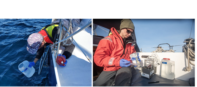Researcher David Gaspard collecting seawater samples from a vessel for environmental DNA analysis.
Researcher Katy Gavrilchuk filtering seawater samples aboard a research vessel for eDNA testing.