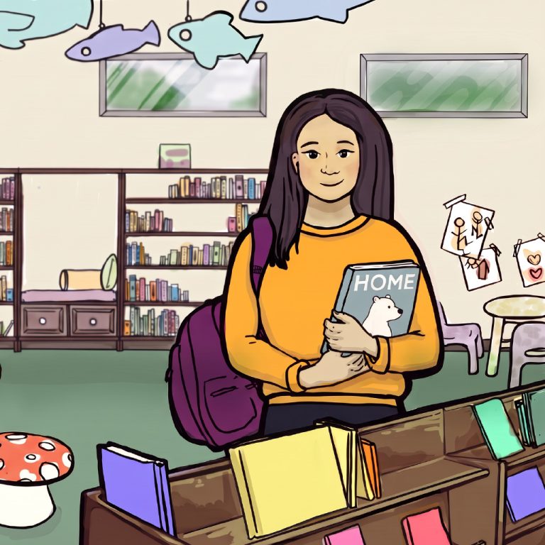 An illustration of a girl holding a book in a children's library