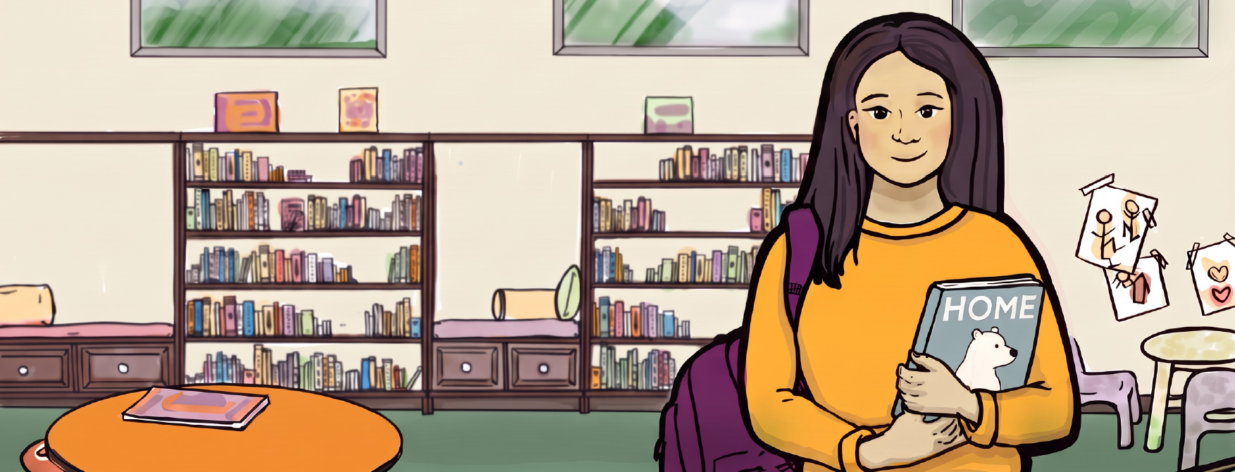 An illustration of a girl holding a book in a children's library. Back-to-school donations can help more students like Lauryn.